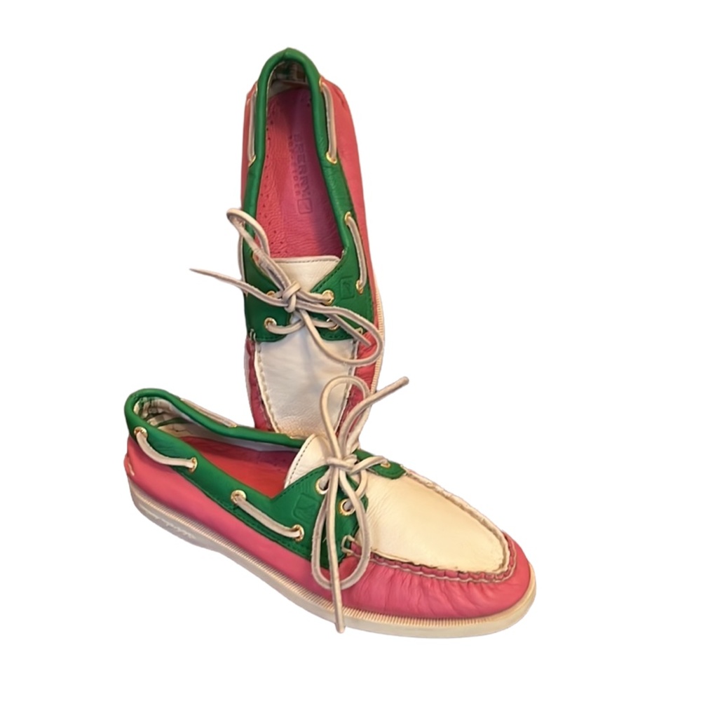 Sperry Green, White, and Pink Flats